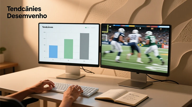 Setup com dois monitores mostrando estatísticas esportivas e análise de dados com caderno de anotações