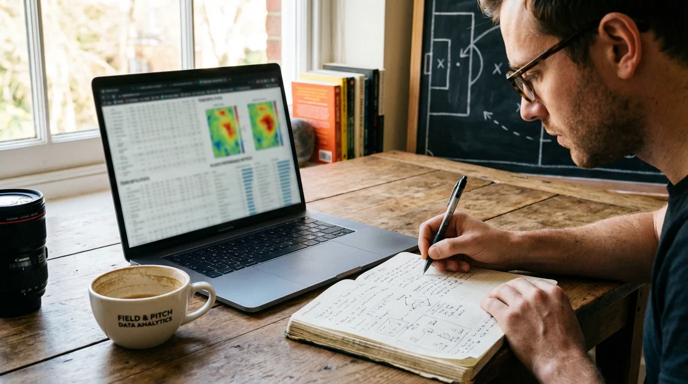 Pessoa estudando estatísticas de futebol em laptop com caderno de anotações