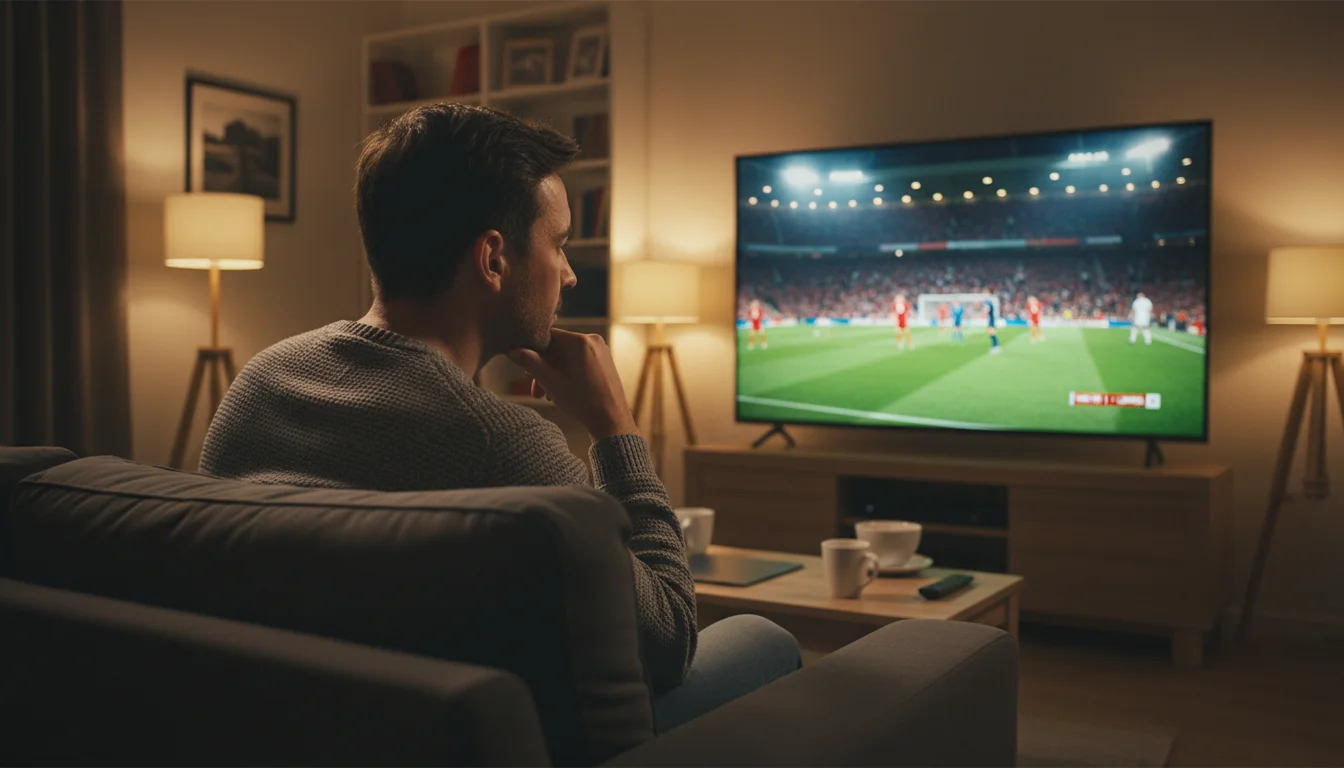Pessoa concentrada analisando partida de futebol em televisão