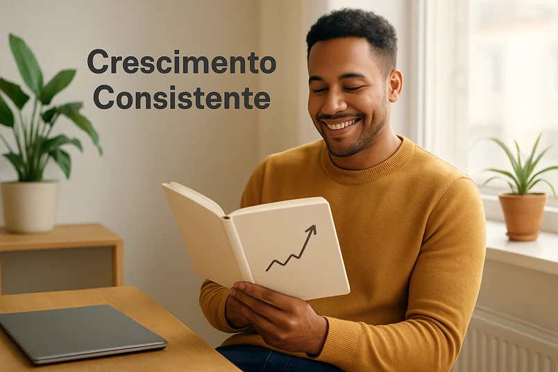 Pessoa brasileira confiante revisando caderno com anotações de progresso em ambiente iluminado representando sucesso através de estratégia disciplinada