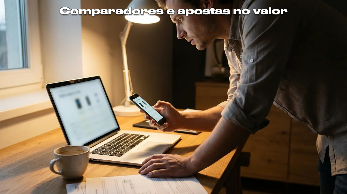 Pessoa usando smartphone e laptop simultaneamente para comparar odds