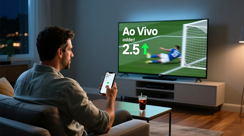 Pessoa brasileira assistindo jogo ao vivo na TV enquanto analisa odds em tempo real no smartphone