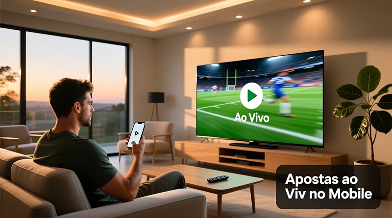 Homem brasileiro assistindo jogo de futebol na TV enquanto usa smartphone com aplicativo de apostas ao vivo
