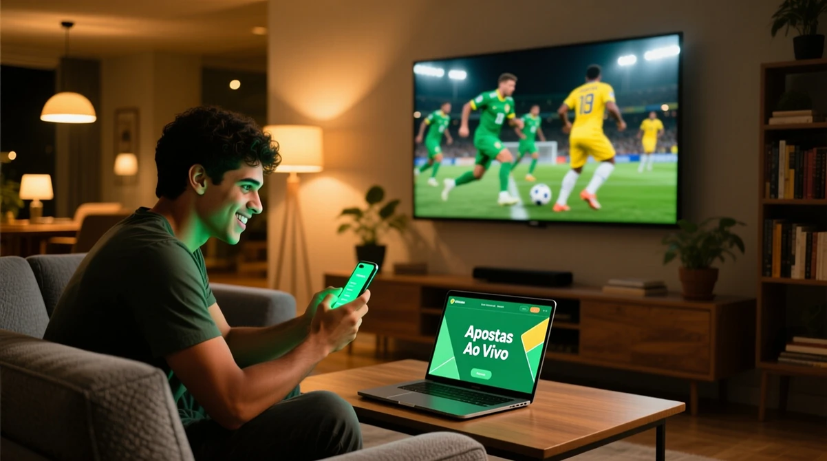 Pessoa assistindo jogo de futebol na TV enquanto acompanha apostas esportivas no smartphone em ambiente moderno