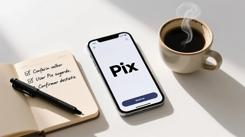 Mesa de escritório organizada vista de cima com smartphone, caderno com checklist e caneta representando boas práticas