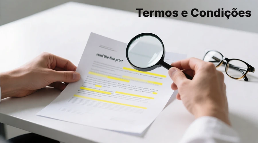 Mãos segurando documento com termos e condições destacados e lupa focando em parágrafo específico