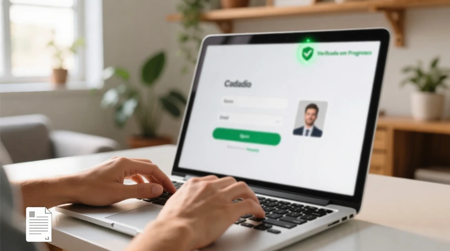 Pessoa realizando cadastro em plataforma de apostas no laptop com formulário de verificação de identidade