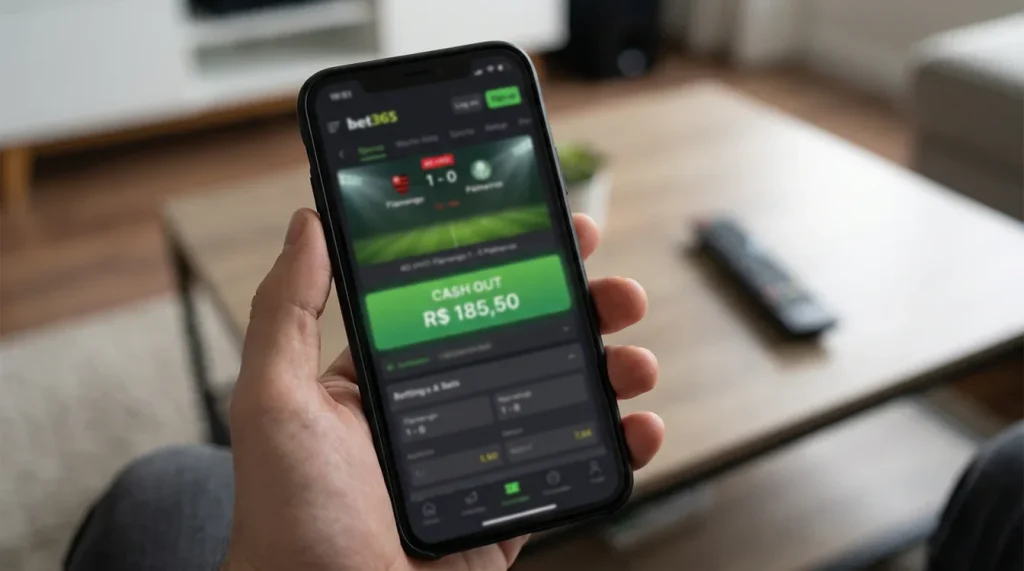 Botão de cash out destacado em tela de aplicativo de apostas esportivas