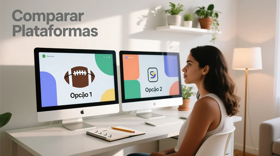 Mulher brasileira comparando plataformas de apostas em dois monitores enquanto faz anotações