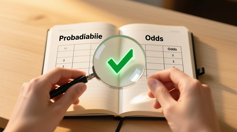 Mãos segurando lupa sobre caderno com análise comparativa de probabilidade e odds indicando aposta com valor
