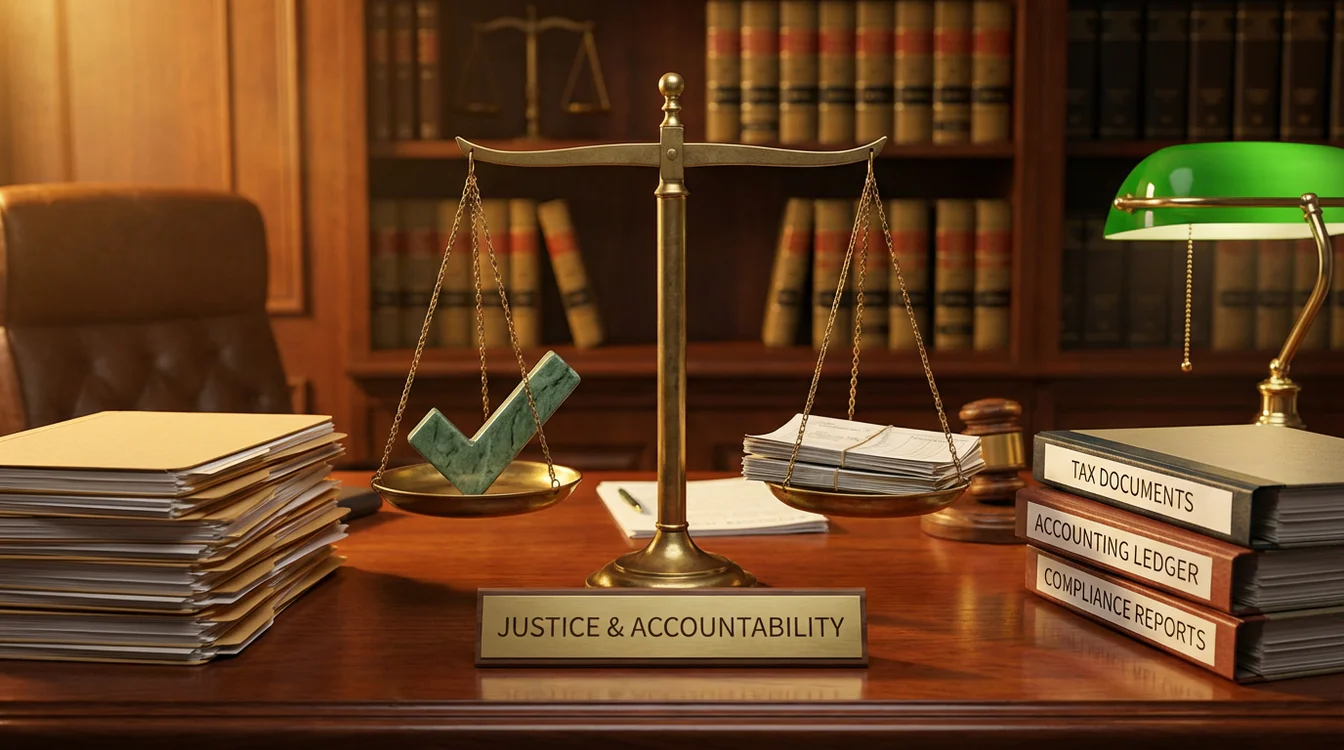 Balança da justiça ao lado de documentos fiscais representando conformidade tributária