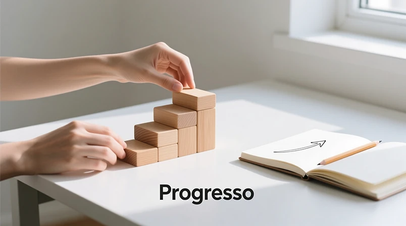 Mãos organizando blocos de madeira em formato de escada ascendente representando crescimento gradual da banca