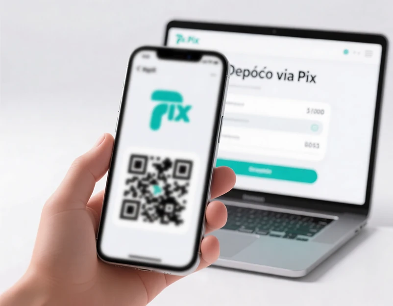 Smartphone exibindo código QR do Pix para depósito em plataforma de apostas esportivas