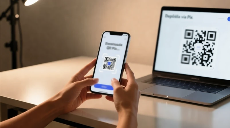Mãos segurando smartphone escaneando código QR para depósito via Pix em tela de laptop
