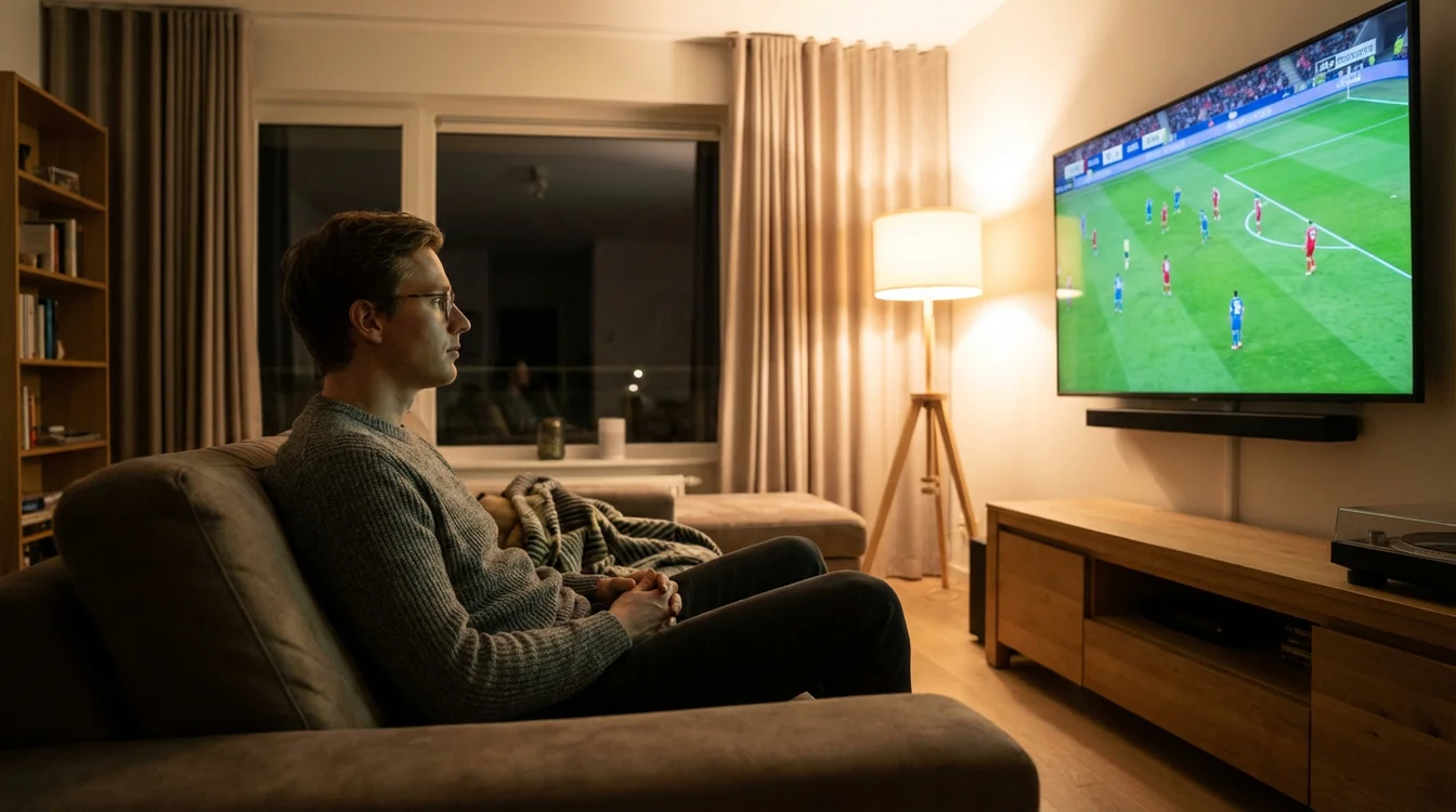 Pessoa assistindo futebol na TV com expressão concentrada e controlada