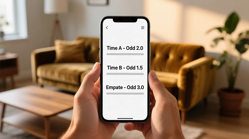 Mãos segurando smartphone com interface de apostas mostrando odds decimais de forma clara e simples