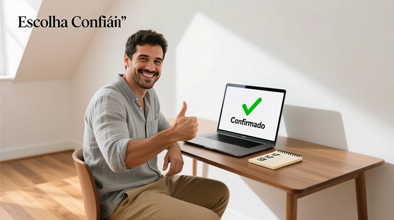 Pessoa satisfeita fazendo sinal de positivo enquanto olha para laptop mostrando confirmação com ícone verde