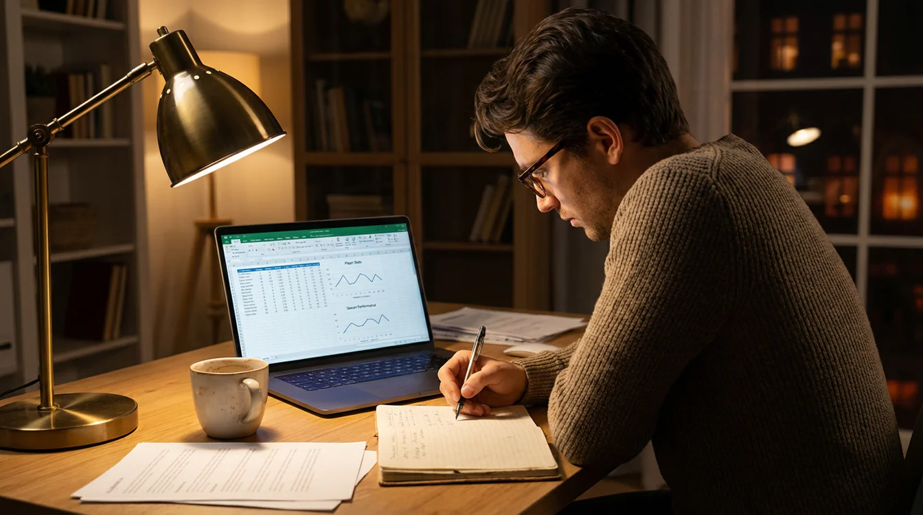 Pessoa analisando estatísticas esportivas em notebook