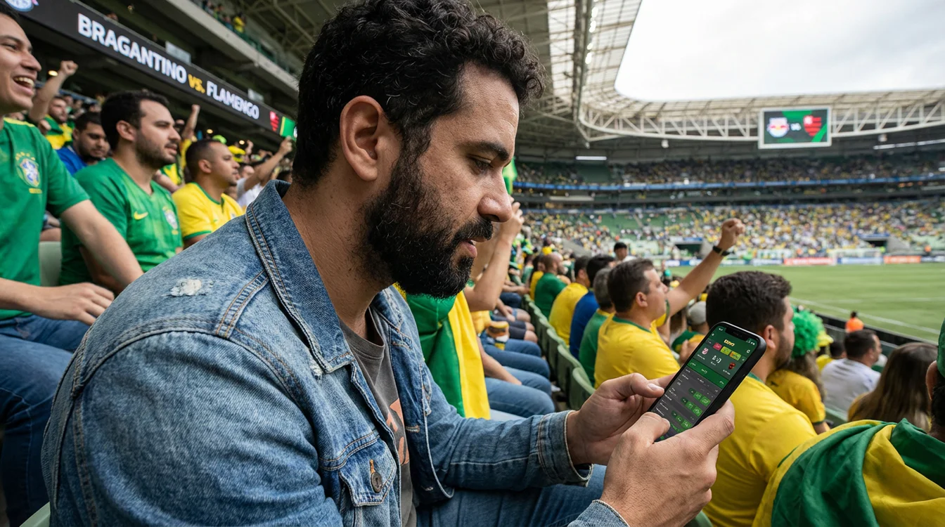 Torcedor brasileiro assistindo partida de futebol no estádio com smartphone na mão