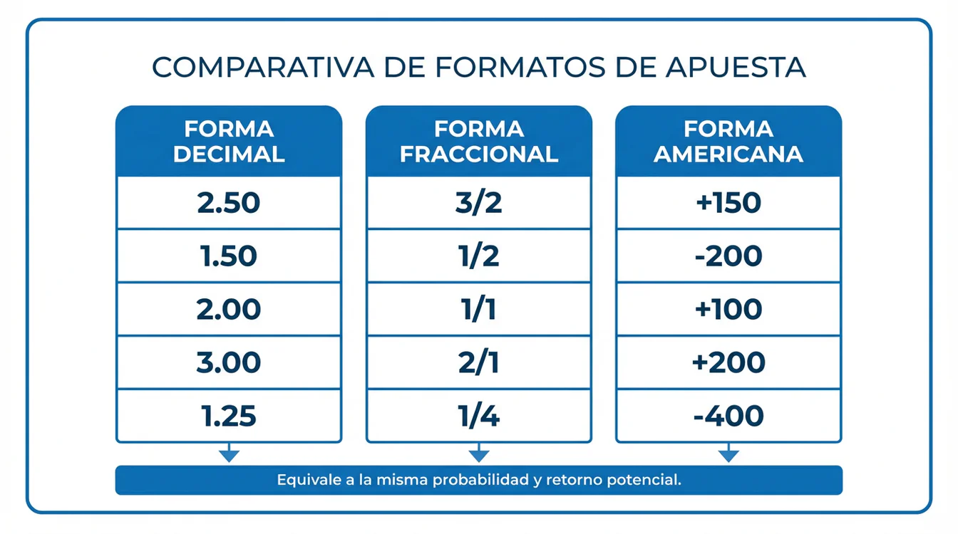 Tabela comparativa mostrando odds em formato decimal, fracionário e americano