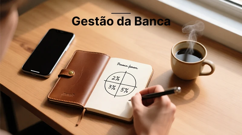 Mãos escrevendo plano de gestão de banca em caderno com percentuais de alocação de apostas