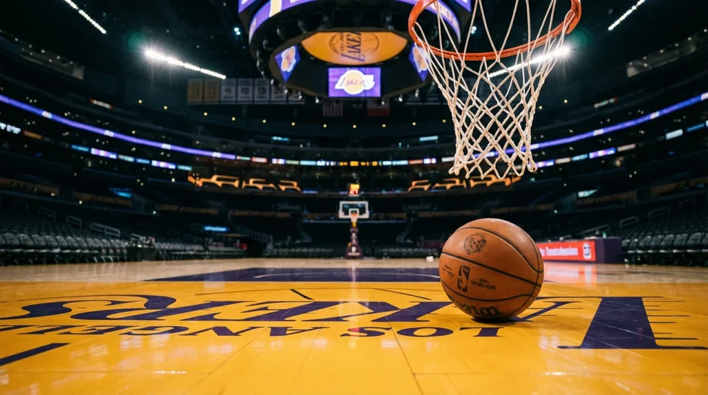 Quadra de basquete profissional com bola próxima à cesta