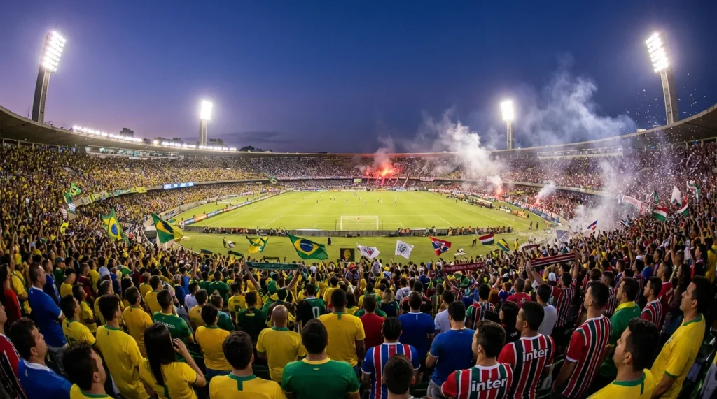 Estádio brasileiro lotado durante partida do Campeonato Brasileiro