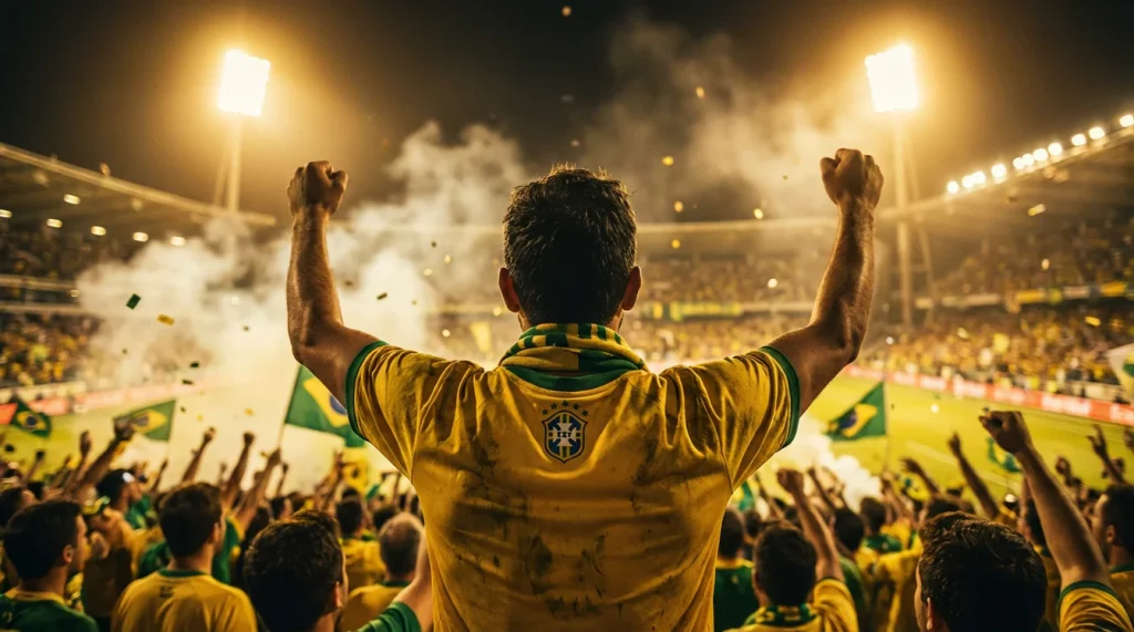 Torcedor brasileiro assistindo partida de futebol em estádio lotado
