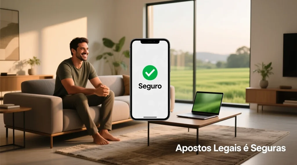 Homem brasileiro usando smartphone para apostas esportivas seguras em ambiente doméstico moderno