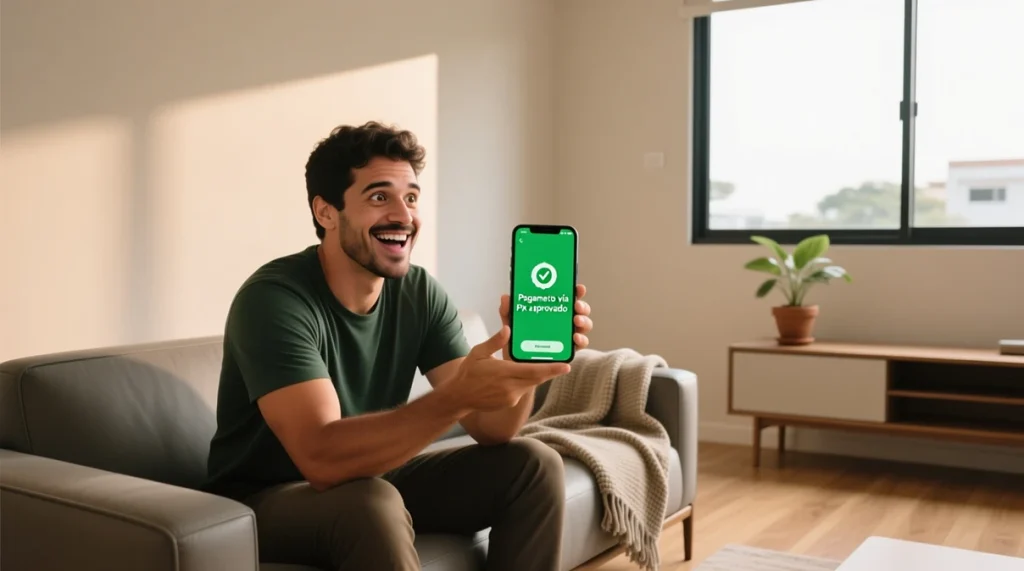 Homem brasileiro satisfeito usando smartphone para transação Pix instantânea em ambiente doméstico moderno