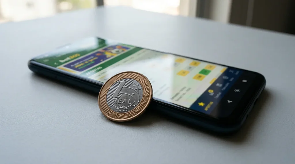 Moeda de um real sobre smartphone com app de apostas