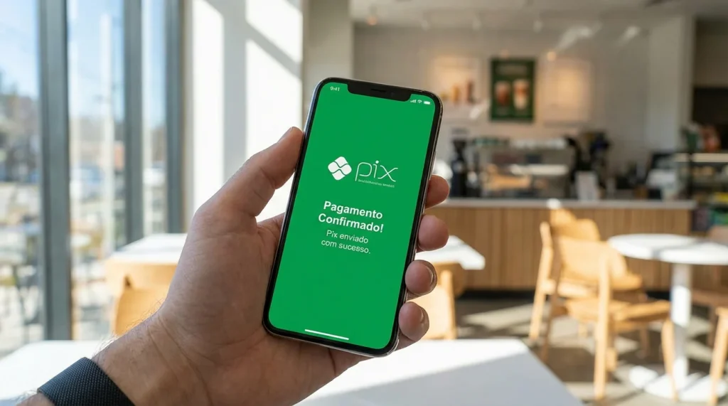 Smartphone exibindo tela de pagamento Pix para depósito em apostas