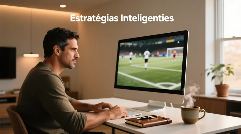 Homem brasileiro focado analisando estratégias de apostas esportivas em monitor com estatísticas e anotações