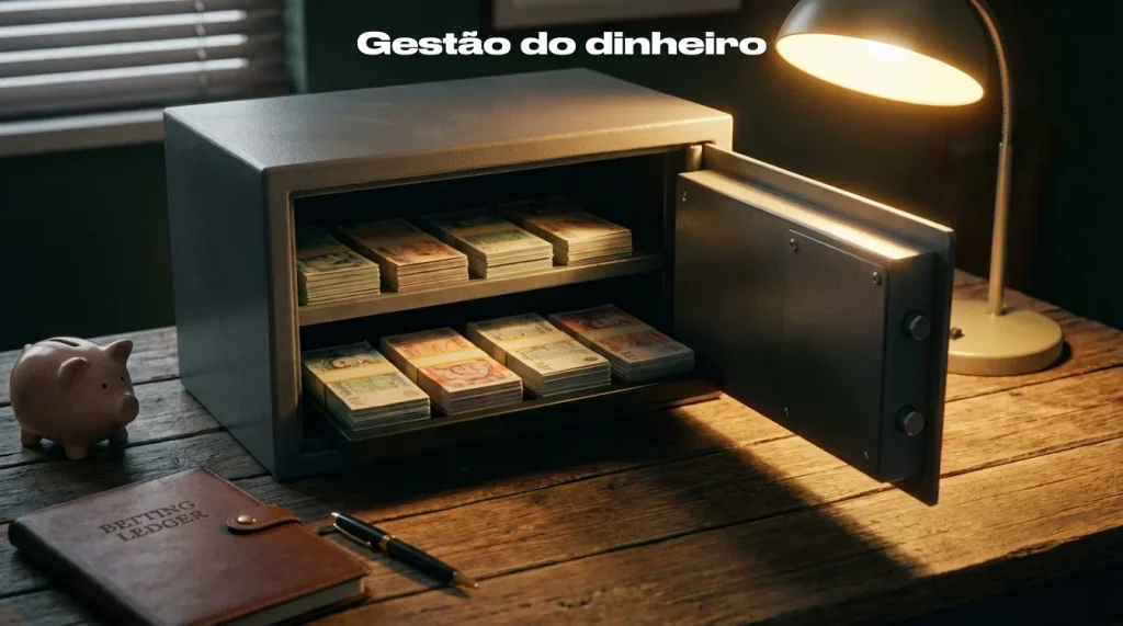Cofre e notas organizadas representando gestão financeira de apostas