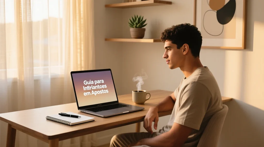 Jovem brasileiro estudando apostas esportivas em laptop com caderno de anotações em ambiente doméstico