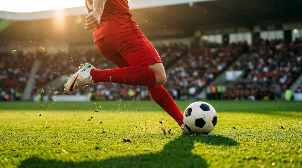 Jogador de futebol chutando bola em campo verde iluminado