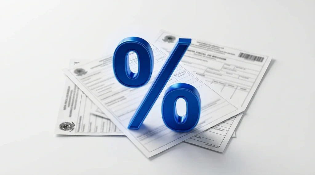 Símbolo de porcentagem sobre notas fiscais brasileiras representando tributação