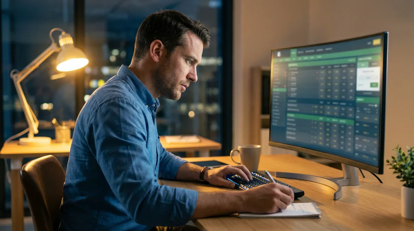 Pessoa analisando odds em tela de computador com anotações