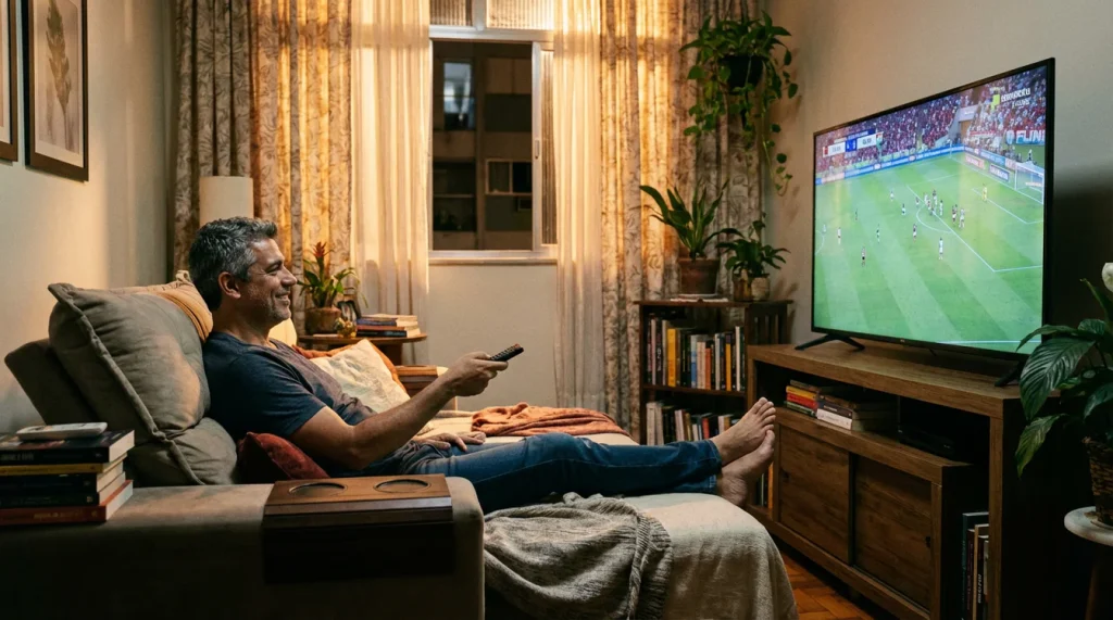 Pessoa relaxada assistindo esporte em ambiente aconchegante com controle remoto na mão