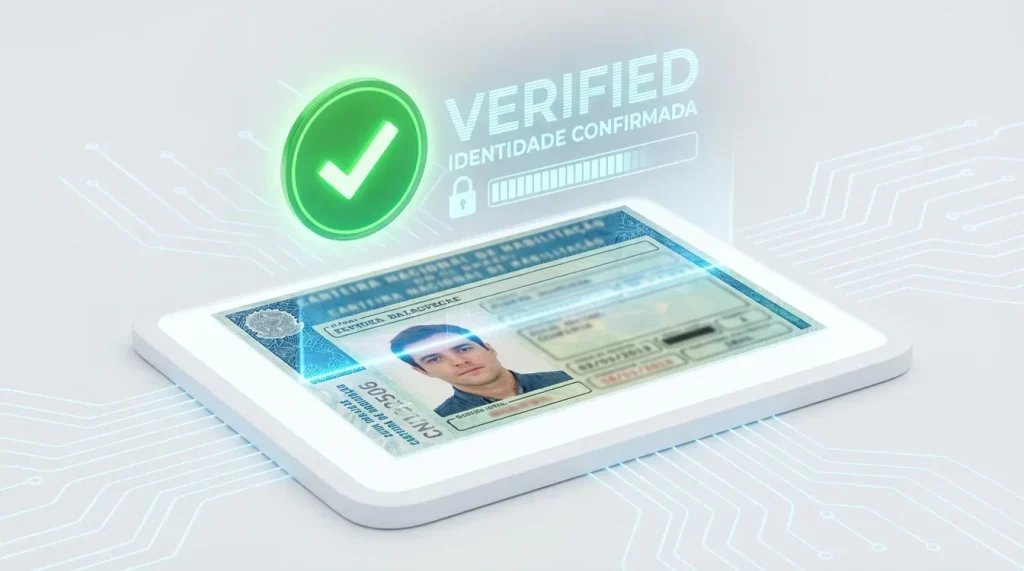 Documento de identidade brasileiro sendo verificado digitalmente com marca de aprovação