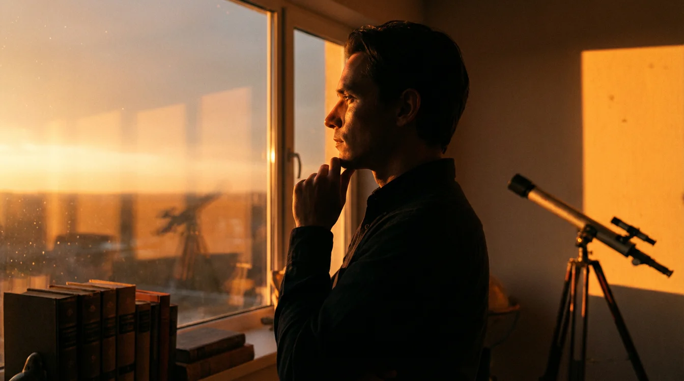 Pessoa em postura reflexiva olhando para horizonte ao entardecer