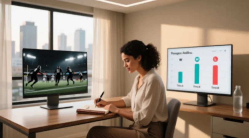 Mulher brasileira analisando estatísticas esportivas em dois monitores enquanto faz anotações