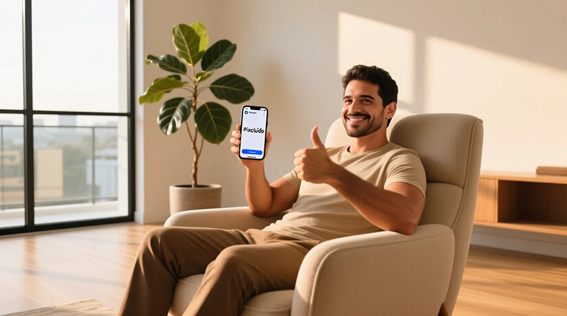 Pessoa brasileira relaxada em poltrona fazendo sinal de positivo com smartphone na mão representando experiência simplificada do Pix