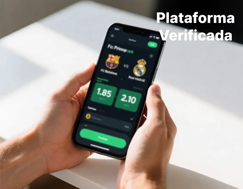 Tela de smartphone mostrando aplicativo de apostas esportivas licenciado com interface moderna e selo de verificação