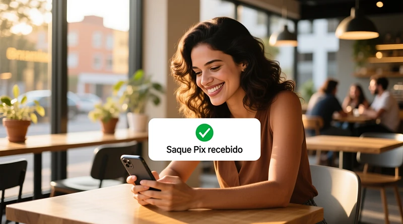 Mulher brasileira sorrindo ao receber notificação de saque Pix instantâneo no smartphone em café