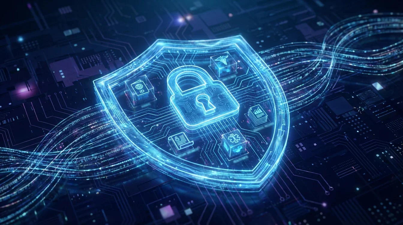 Escudo de proteção digital sobre dados pessoais simbolizando segurança da informação
