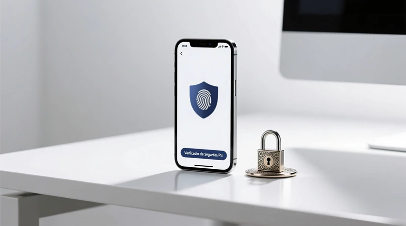 Smartphone exibindo tela de verificação de segurança com ícone de impressão digital e escudo de proteção